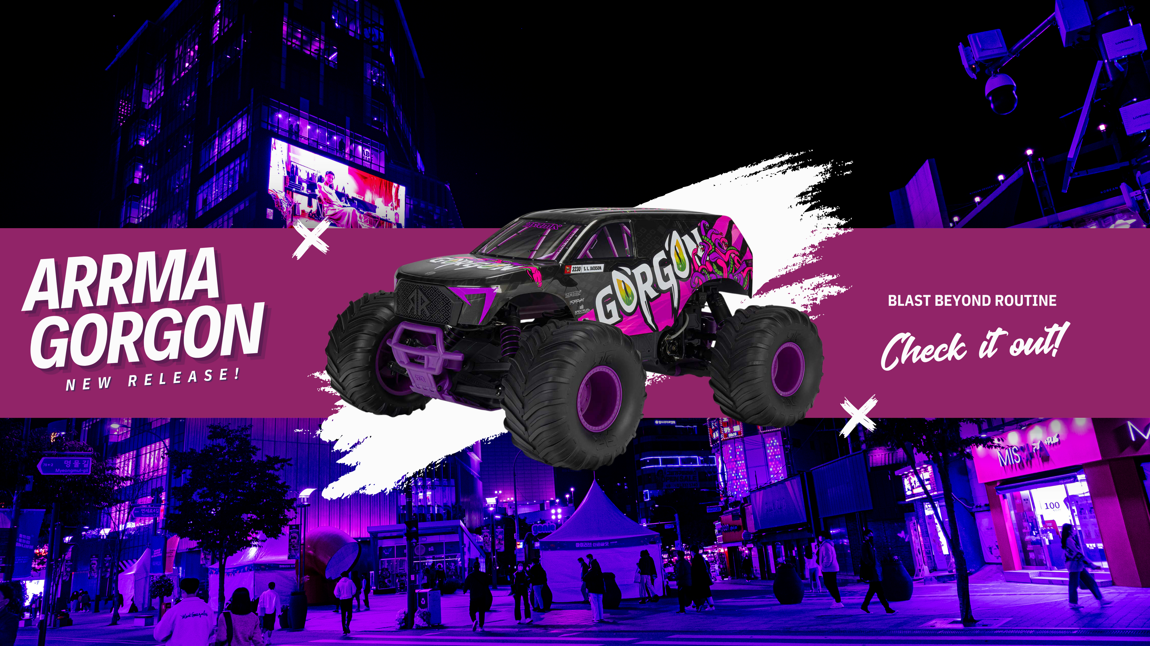 Monster truck model with 'ARRMA GORGON' branding against a cityscape background.