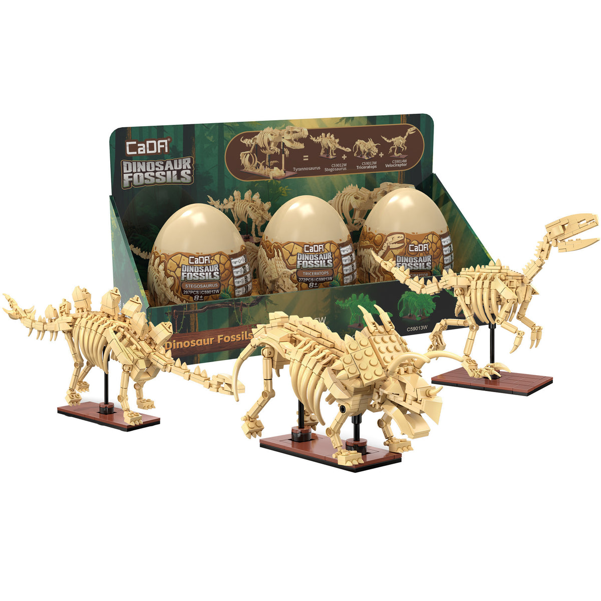 Tray of 3 Dinosaur Eggs with Stegosaurus Triceratops & Velociraptor