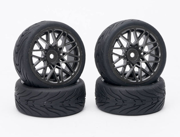 FASTRAX 1/10 STREET/TREAD TYRE STAR SPOKE GUN METAL WHEEL COMPLETE SET OF 4