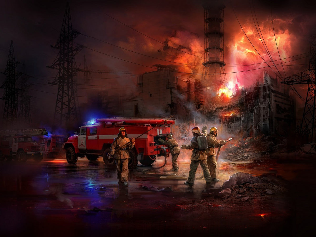 Chernobyl #2 Fire Fighters (AC-40-137A Fire Truck / 4 Figures & Diorama Base with Background)