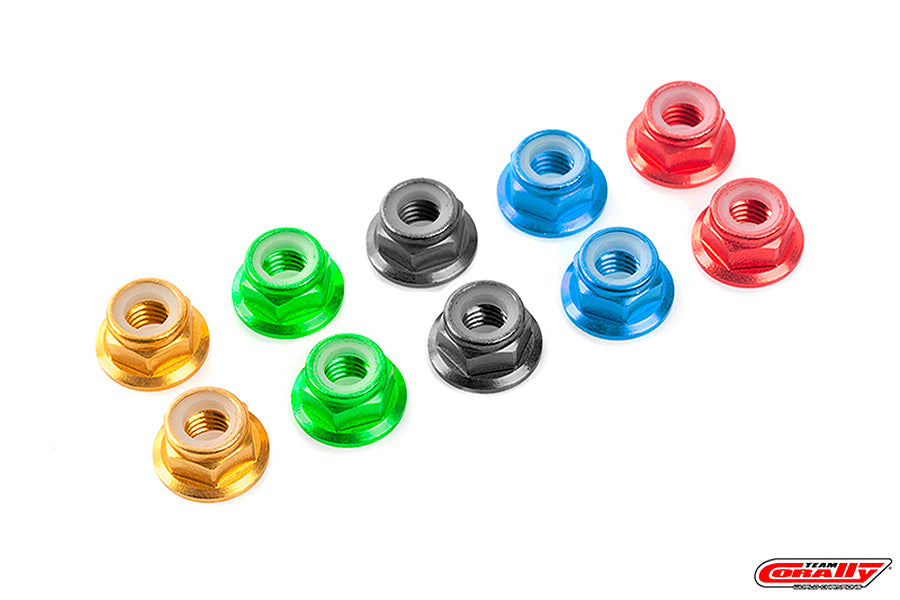 CORALLY ALUMINIUM NYLSTOP NUT M4 FLANGED RED 10 PC