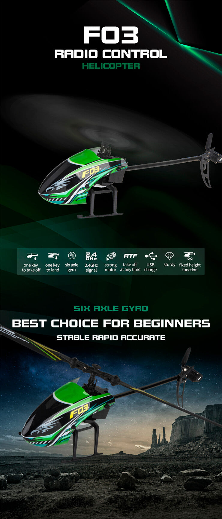 KOOTAI F03 4CH SINGLE BLADE FLYBARLESS HELICOPTER YELLOW/GREEN