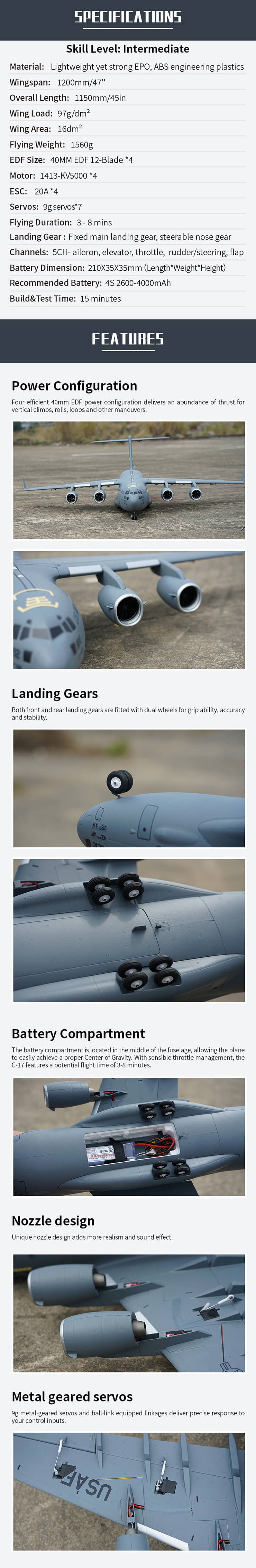 XFLY QUAD 40MM EDF GLOBEMASTER C-17 1200MM W/O TX/RX/BATT