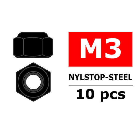 CORALLY STEEL NYLSTOP NUT M3 BLACK COATED 10 PCS - High-Speed RTR RC Truck