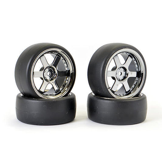 FASTRAX 1/10 (4) DRIFT D1 TYRE w/3MM 6-SPOKE WHEEL- BK CHROME - RC Hobby Product