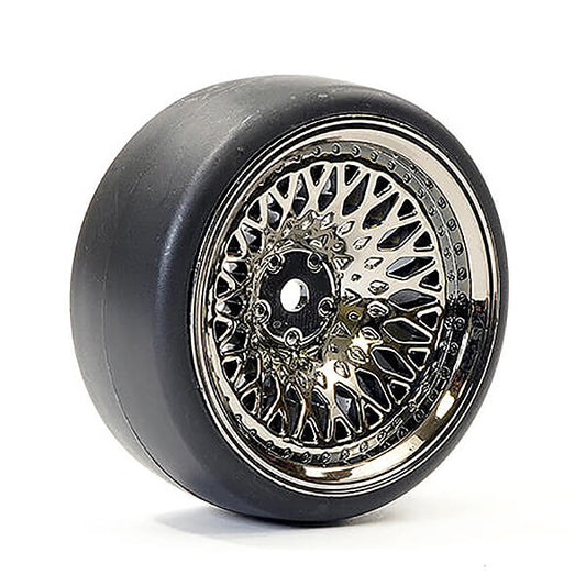 FASTRAX 1/10 (4) DRIFT D1 TYRE w/9MM CLASSIC WHEELS - BLACK CHROME - RC Hobby Product