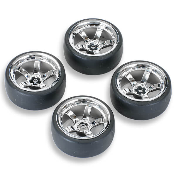 FASTRAX 1/10 (4) DRIFT D1 TYRE w/9MM 5-SPOKE WHEEL- CHROME - RC Hobby Product