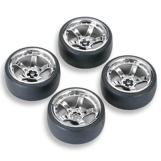 FASTRAX 1/10 (4) DRIFT D1 TYRE w/9MM 5-SPOKE WHEEL- CHROME - RC Hobby Product