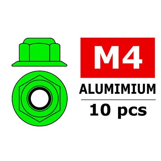 CORALLY ALUMINIUM NYLSTOP NUT M4 FLANGED GREEN 10 PCS - High-Speed RTR RC Truck